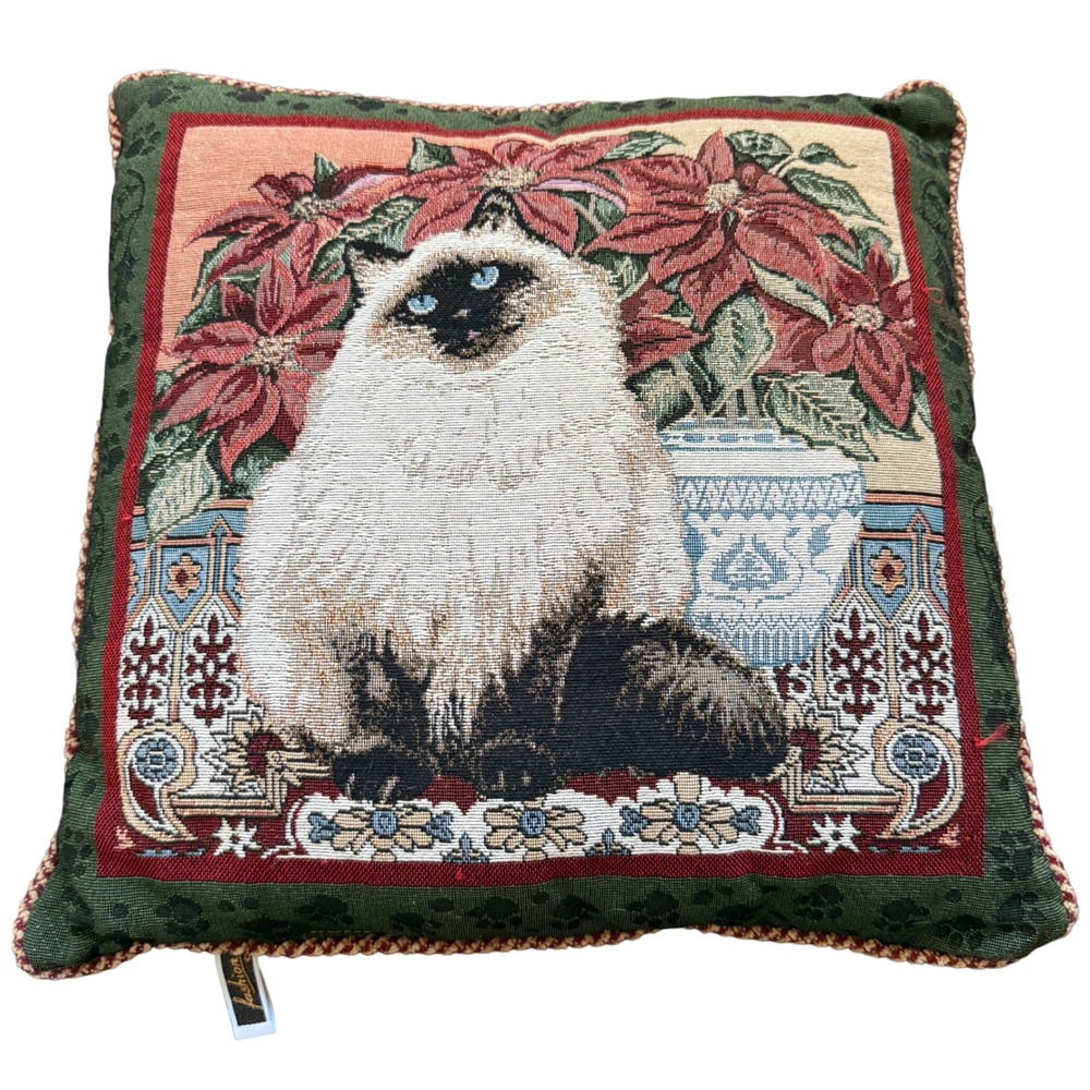 VTG Himalayan Cat Tapestry Needlepoint Pillow Christmas Holiday‎ 16x16 Cottage